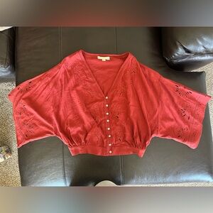 Red Kimono Sleeve Top with Embroidered Details